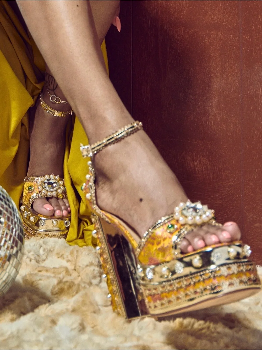 Embellished Gold Platform Sandals - Women's Evening Heels